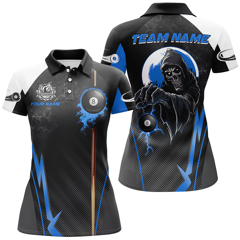 Funny Death Skeleton Ball 8 Fire Custom Women Billiard Shirts, Best 8 Ball Pool Jerseys |Blue TDM2035