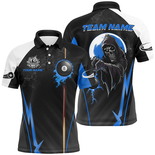 Funny Death Skeleton Ball 8 Fire Custom Men Billiard Shirts, Best 8 Ball Pool Jerseys |Blue TDM2035