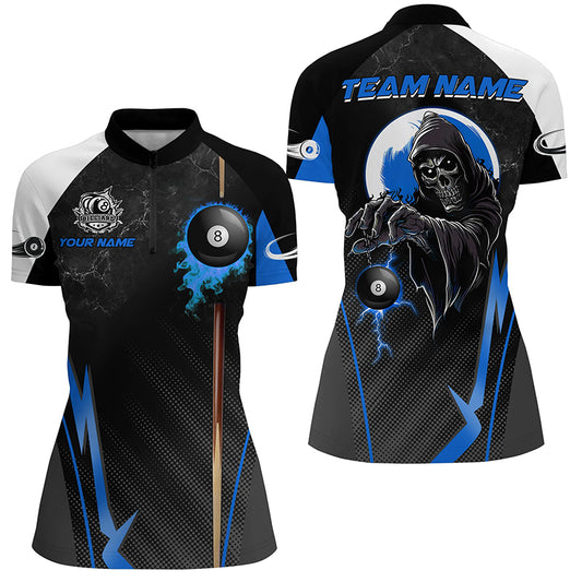 Funny Grim Reaper Ball 8 Fire Custom Women Billiard Shirts, Best 8 Ball Pool Jerseys |Blue TDM2035