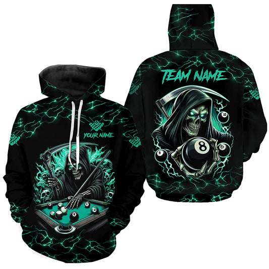 Turquoise Funny Grim Reaper 8 Ball Hoodie For Men Women Custom Lightning Billiard Jerseys TDM2040