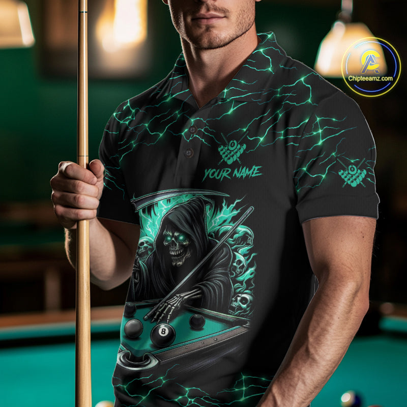 Turquoise Funny Grim Reaper 8 Ball Pool Men Billiard Shirts Custom Lightning Billiard Jerseys TDM2040