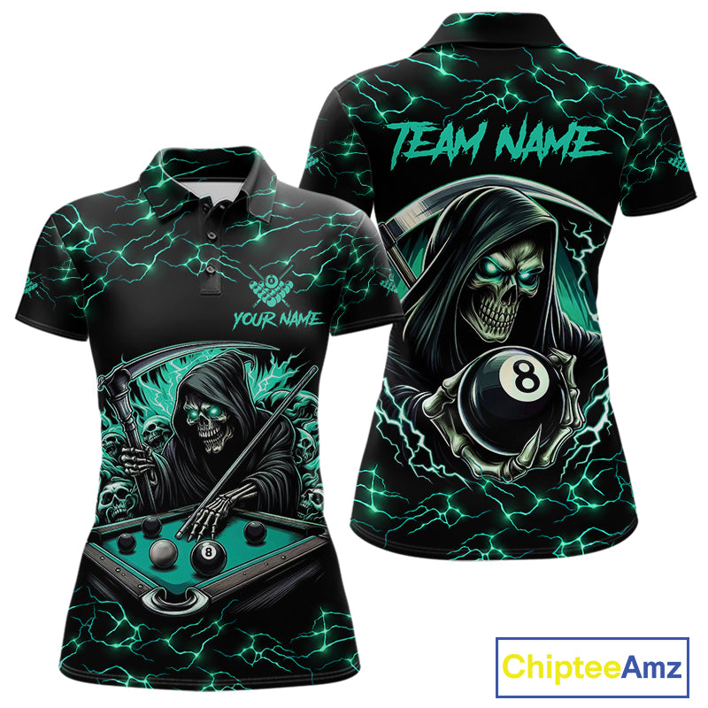Turquoise Funny Grim Reaper 8 Ball Pool Women Billiard Shirts Custom Lightning Billiard Jerseys TDM2040