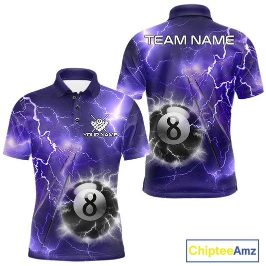 Personalized purple thunder lightning 8 ball billiard team jersey polo shirt for men featuring vibrant purple lightning artwork, premium custom pool team apparel for league matches and tournaments.