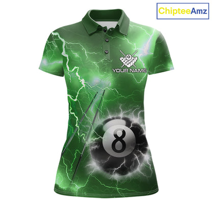 Personalized green thunder lightning 8 ball billiard team jersey polo shirt for women featuring electric green lightning artwork, premium custom pool team apparel.