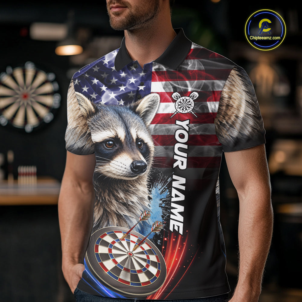 Smoke American Flag Raccoon Darts Polo, 1/4 Zip Shirts For Men Custom Patriotic Darts Team Jersey TDM7261