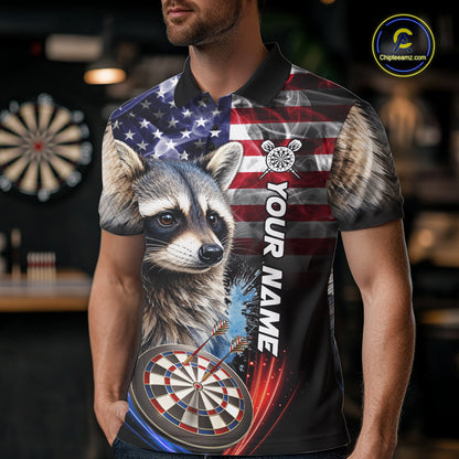 Smoke American Flag Raccoon Darts Polo, 1/4 Zip Shirts For Men Custom Patriotic Darts Team Jersey TDM7261