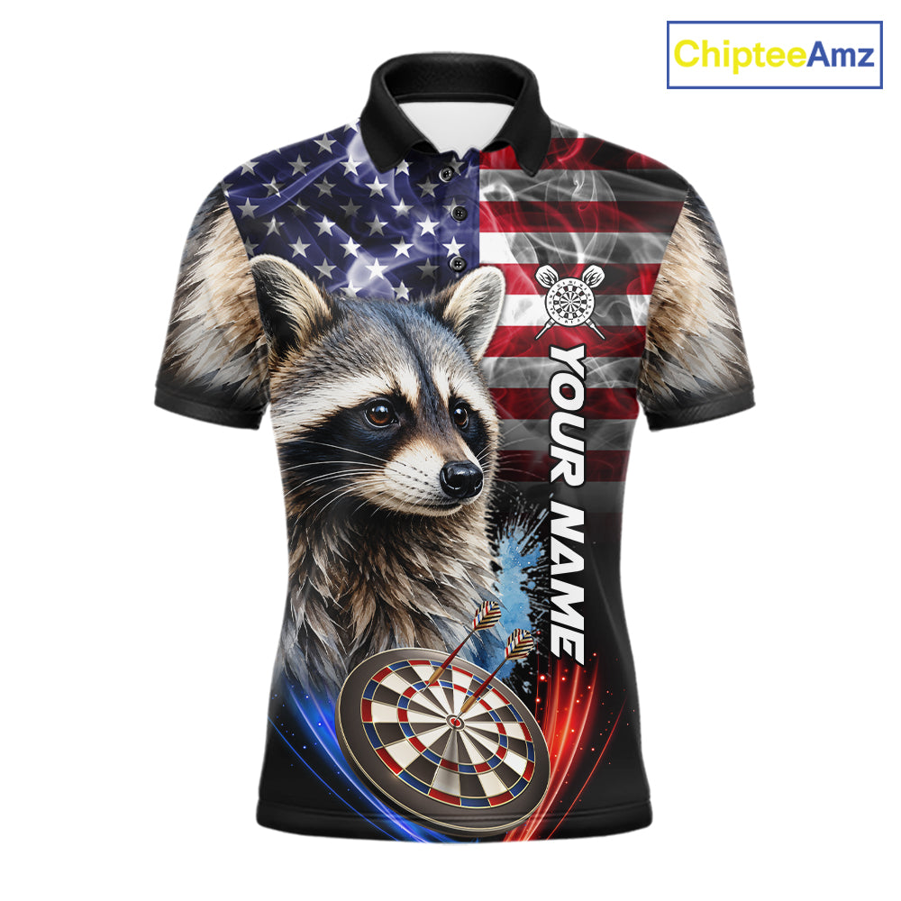 Smoke American Flag Raccoon Darts Polo, 1/4 Zip Shirts For Men Custom Patriotic Darts Team Jersey TDM7261