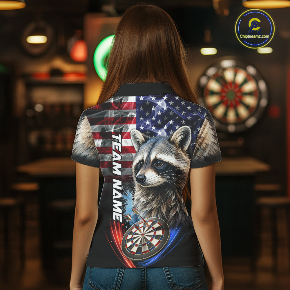 Smoke American Flag Raccoon Darts Polo, 1/4 Zip Shirts For Women Custom Patriotic Darts Team Jersey TDM7261