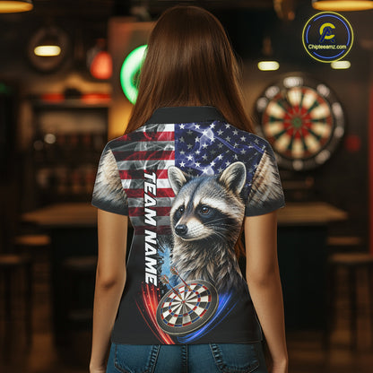 Smoke American Flag Raccoon Darts Polo, 1/4 Zip Shirts For Women Custom Patriotic Darts Team Jersey TDM7261