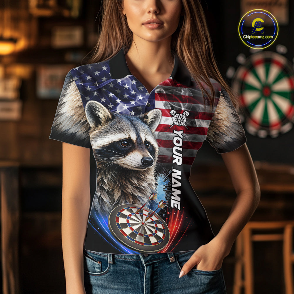 Smoke American Flag Raccoon Darts Polo, 1/4 Zip Shirts For Women Custom Patriotic Darts Team Jersey TDM7261