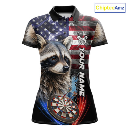 Smoke American Flag Raccoon Darts Polo, 1/4 Zip Shirts For Women Custom Patriotic Darts Team Jersey TDM7261