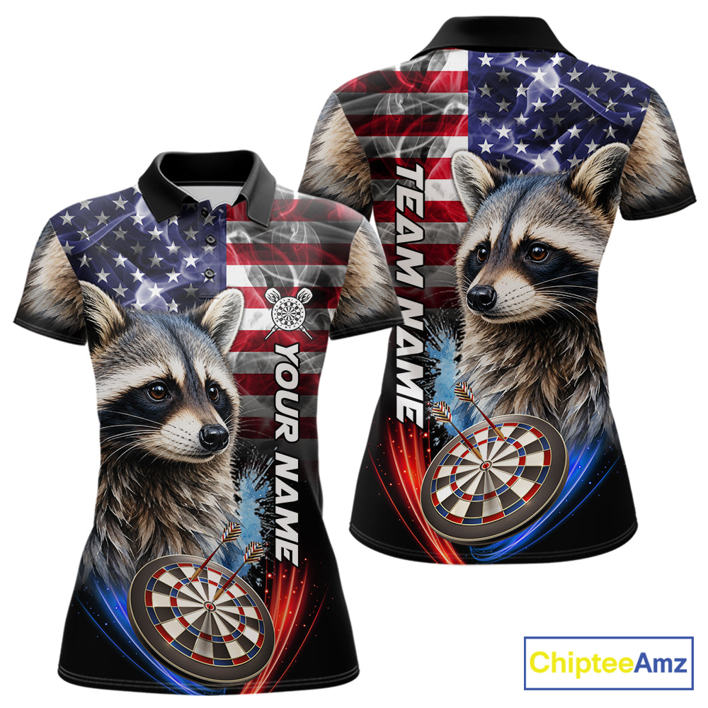 Smoke American Flag Raccoon Darts Polo, 1/4 Zip Shirts For Women Custom Patriotic Darts Team Jersey TDM7261