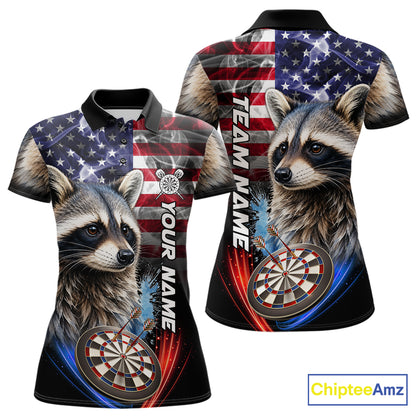 Smoke American Flag Raccoon Darts Polo, 1/4 Zip Shirts For Women Custom Patriotic Darts Team Jersey TDM7261