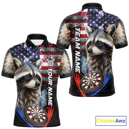 Smoke American Flag Raccoon Darts Polo, 1/4 Zip Shirts For Men Custom Patriotic Darts Team Jersey TDM7261