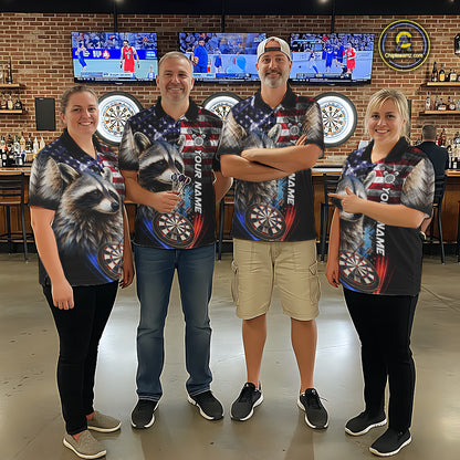Smoke American Flag Raccoon Darts Polo, 1/4 Zip Shirts For Men Custom Patriotic Darts Team Jersey TDM7261