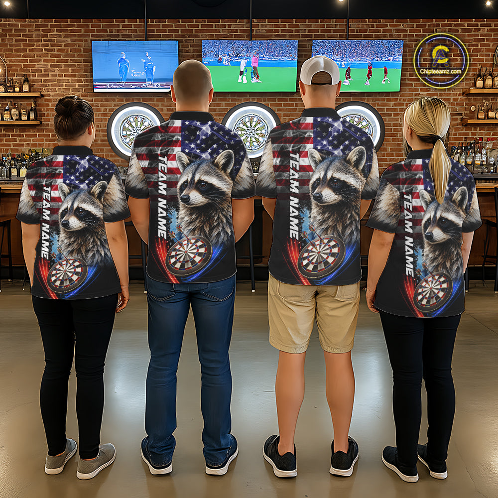Smoke American Flag Raccoon Darts Polo, 1/4 Zip Shirts For Men Custom Patriotic Darts Team Jersey TDM7261