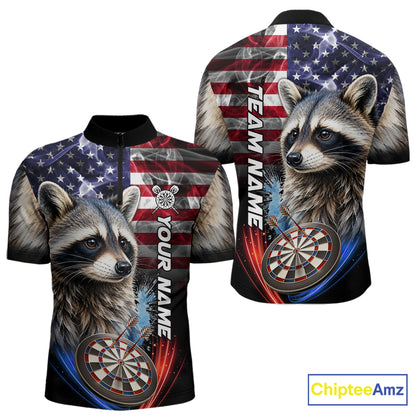 Smoke American Flag Raccoon Darts Polo, 1/4 Zip Shirts For Men Custom Patriotic Darts Team Jersey TDM7261