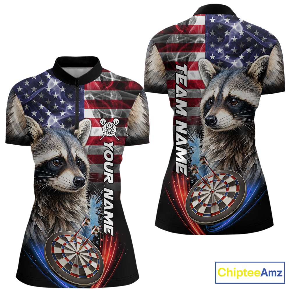 Smoke American Flag Raccoon Darts Polo, 1/4 Zip Shirts For Women Custom Patriotic Darts Team Jersey TDM7261
