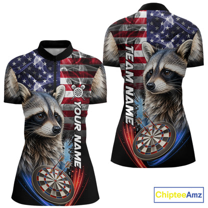 Smoke American Flag Raccoon Darts Polo, 1/4 Zip Shirts For Women Custom Patriotic Darts Team Jersey TDM7261