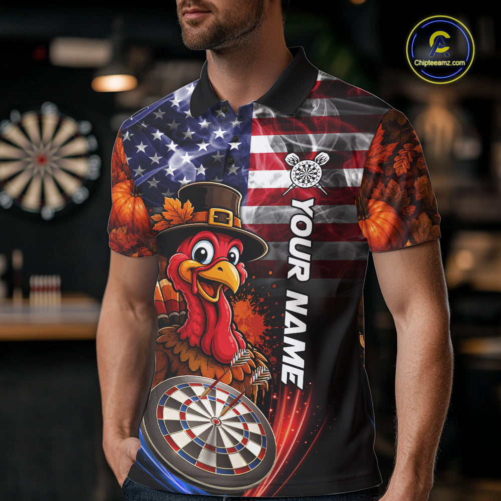 American Flag Smoke Turkey Darts Shirt For Men Custom Patriotic Thanksgiving Darts Team Jersey TDM7262