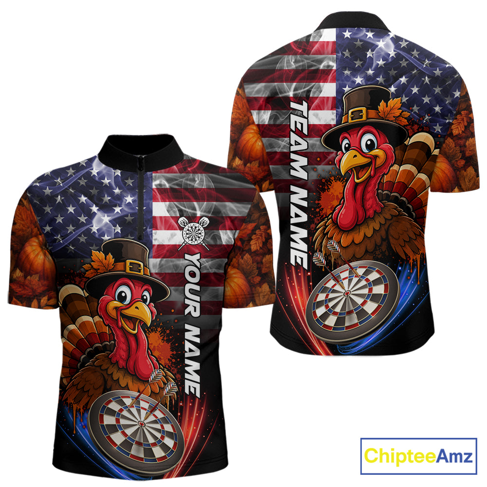 American Flag Smoke Turkey Darts Shirt For Men Custom Patriotic Thanksgiving Darts Team Jersey TDM7262