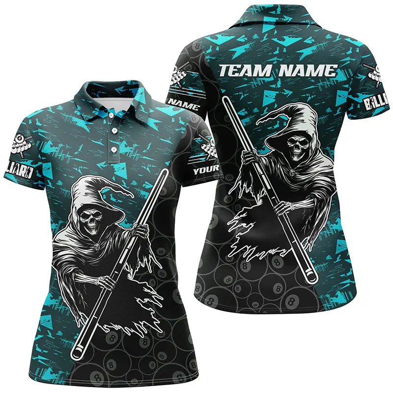 Personalized Cyan Abstract Grim Reaper Women Billiard Shirts, Halloween  Billiard Jerseys TDM2760