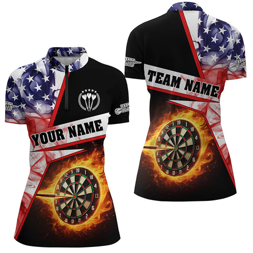 Personalized Darts Flame US Flag Smoke Women Quarter-Zip Shirt, Dart Jerseys League Shirts TDM1258