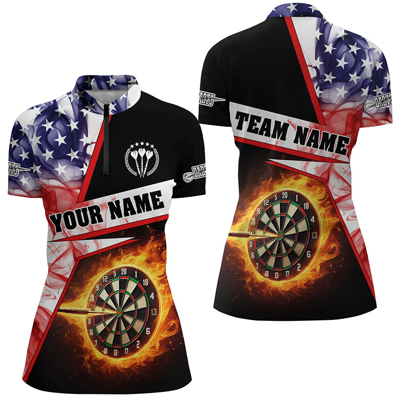 Personalized Darts Flame US Flag Smoke Women Quarter-Zip Shirt, Dart Jerseys League Shirts TDM1258