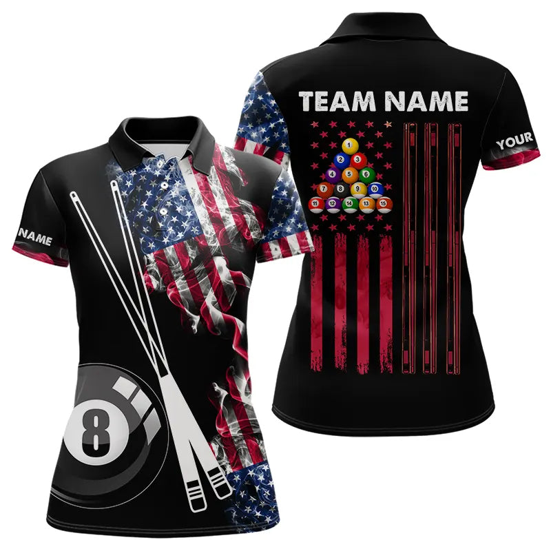 Personalized US Flag Smoke 8 Ball Pool Billiard Shirt For Women Custom Patriotic Billiard Team Jersey TDM3744