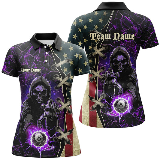 Purple Grim Reaper Lightning US Flag Billiard Shirts For Women, Patriotic Team League Pool Jerseys TDM1836