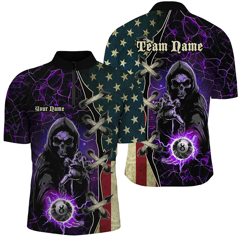 Purple Grim Reaper Lightning US Flag Billiard Shirts For Men, Patriotic Team League Pool Jerseys TDM1836
