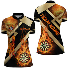 Load image into Gallery viewer, Personalized Gold And Black Dartboard Fire Flame Custom Darts Shirts For Women, Darts Team Jerseys TDM2048