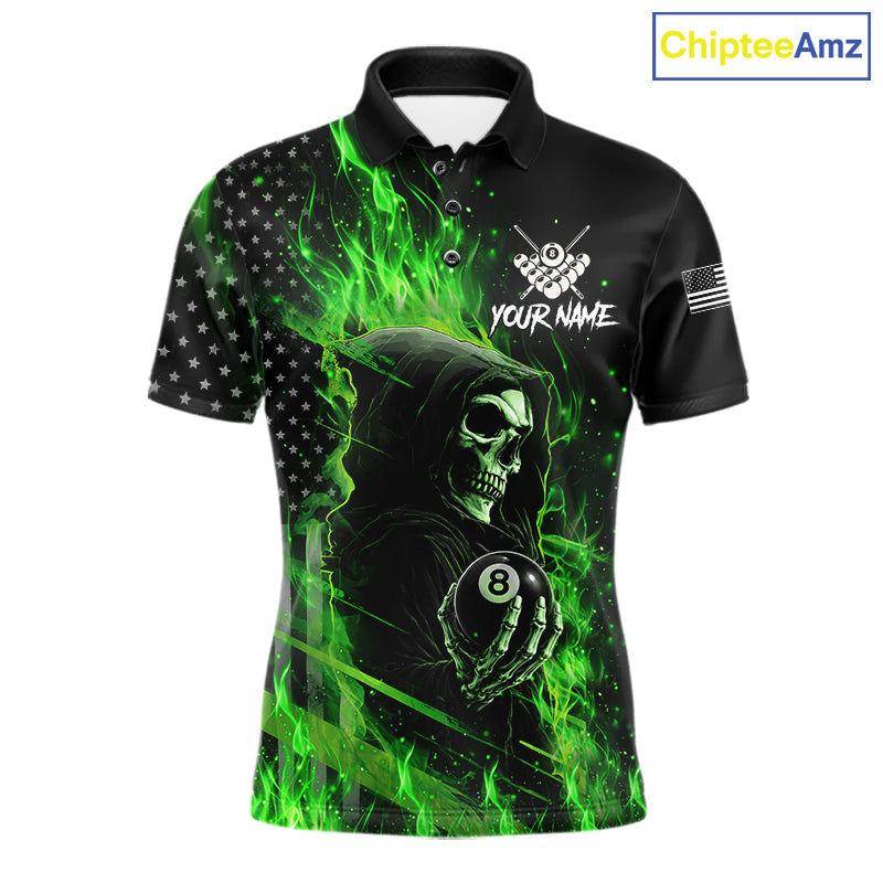 Green Flaming Grim Reaper US Flag 8 Ball Billiard Polo Shirt Featuring a Patriotic Custom Design for Pool League Players, Team Competition, and Tournament Events