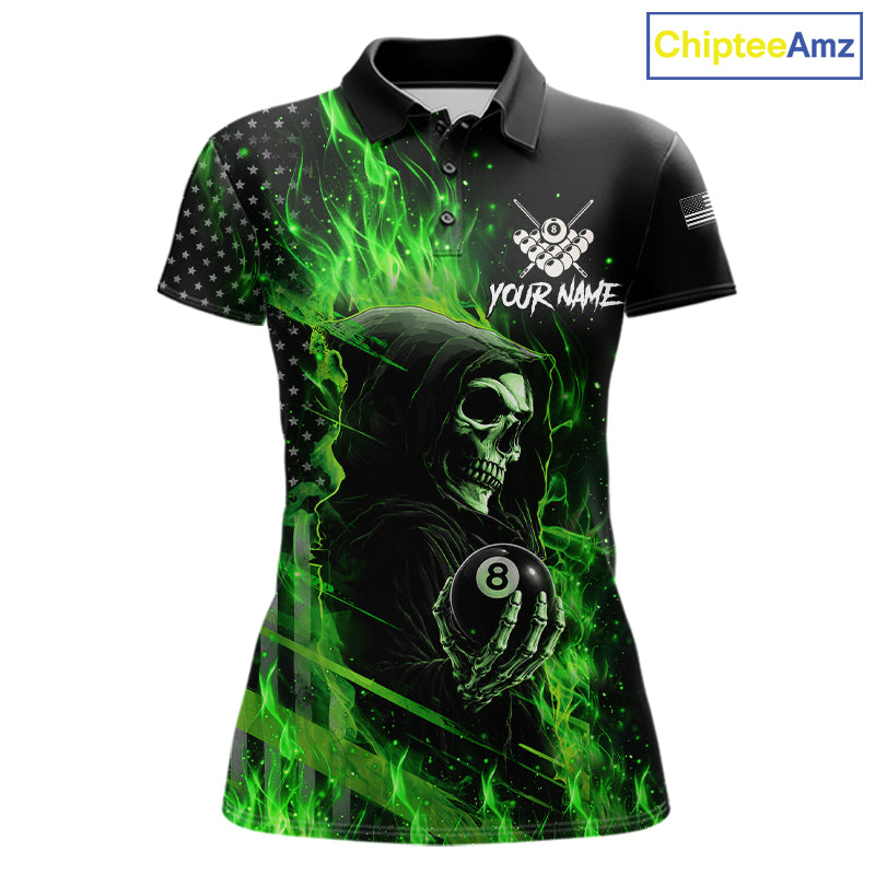 Green Flaming Grim Reaper US Flag 8 Ball Billiard Polo Shirt Featuring a Patriotic Custom Design for Women's Pool League Players and Tournament Events