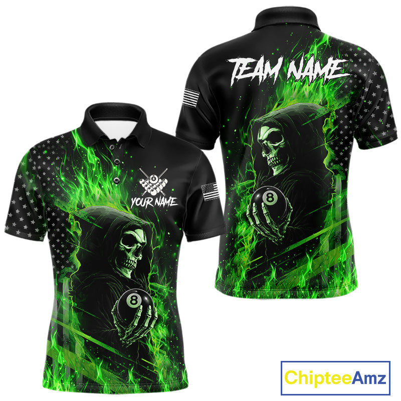 Custom Green Flaming Grim Reaper US Flag 8 Ball Pool Polo Shirt Designed for Personalized Billiard Team Jerseys with Bold Patriotic Artwork