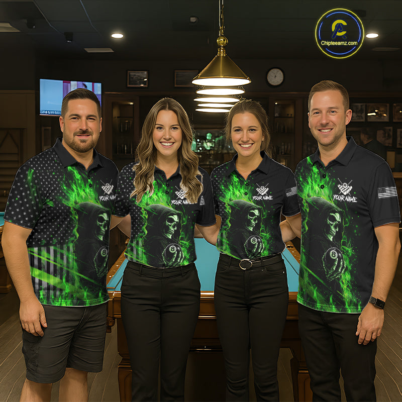 Pool Team Wearing Green Flaming Grim Reaper US Flag 8 Ball Personalized Billiard Jerseys During League Competition and Team Tournament Play, Front View