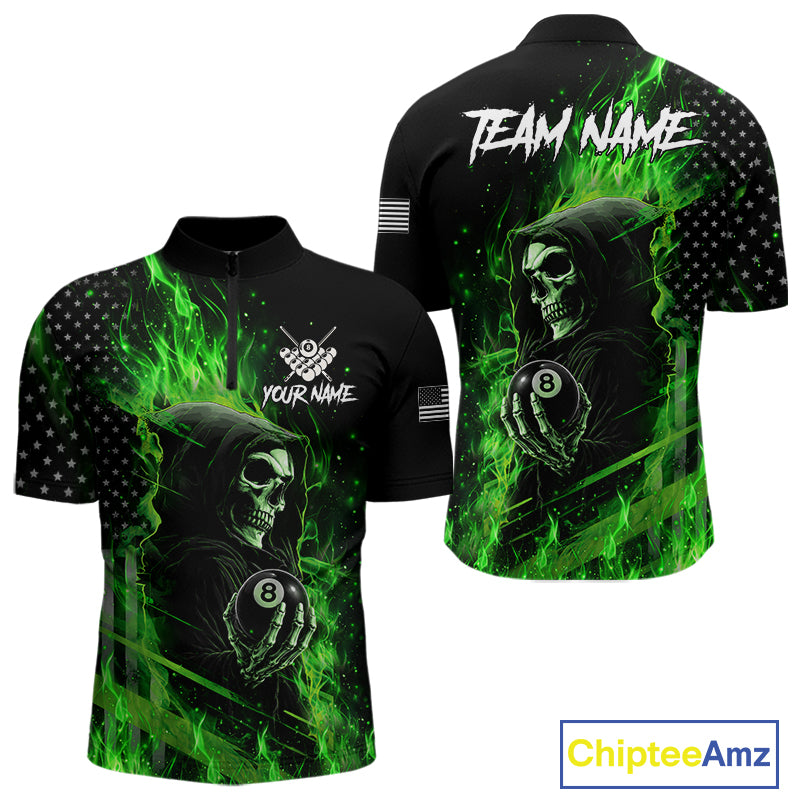 Green Flaming Grim Reaper US Flag 8 Ball Quarter Zip Billiard Shirt Created for Pool League Players with Custom Team Jersey Design and Performance Style
