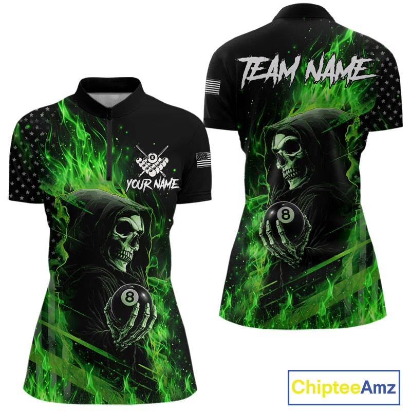 Green Flaming Grim Reaper US Flag 8 Ball Quarter Zip Billiard Shirt Created for Women's Pool League Teams with Custom Performance Design
