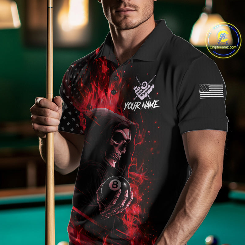 Man Wearing Red Flaming Grim Reaper US Flag 8 Ball Personalized Billiard Polo Shirt with Athletic Performance Style, Front View