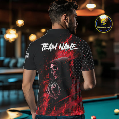 Man Wearing Red Flaming Grim Reaper US Flag 8 Ball Custom Pool Team Jersey Showing the Complete Rear Graphic Design, Back View