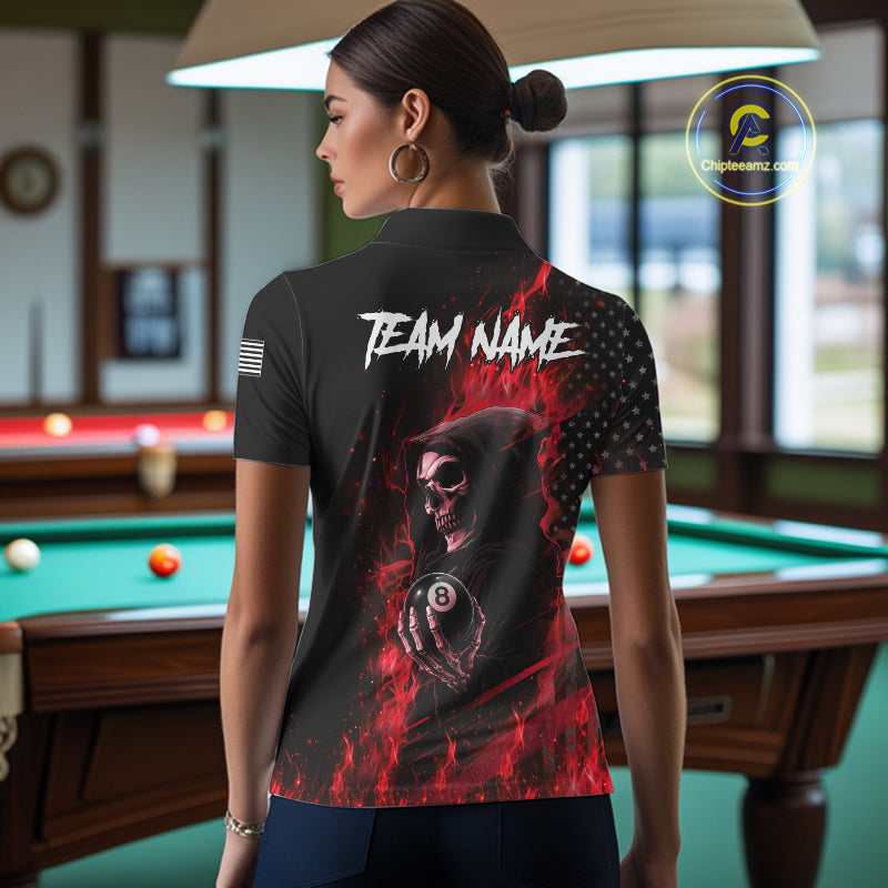 Woman Wearing Red Flaming Grim Reaper US Flag 8 Ball Custom Pool Team Jersey Featuring the Complete Rear Graphic Design, Back View