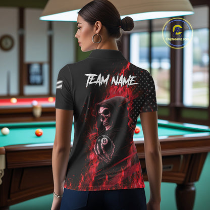 Woman Wearing Red Flaming Grim Reaper US Flag 8 Ball Custom Pool Team Jersey Featuring the Complete Rear Graphic Design, Back View