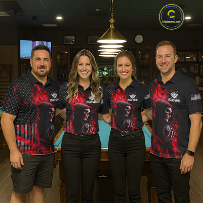 Pool Team Wearing Red Flaming Grim Reaper US Flag 8 Ball Personalized Billiard Jerseys for League Competition and Team Matches, Front View