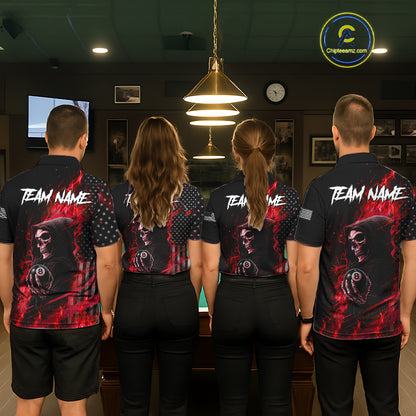 Pool Team Wearing Red Flaming Grim Reaper US Flag 8 Ball Custom Pool Team Jerseys Displaying the Full Back Artwork, Back View