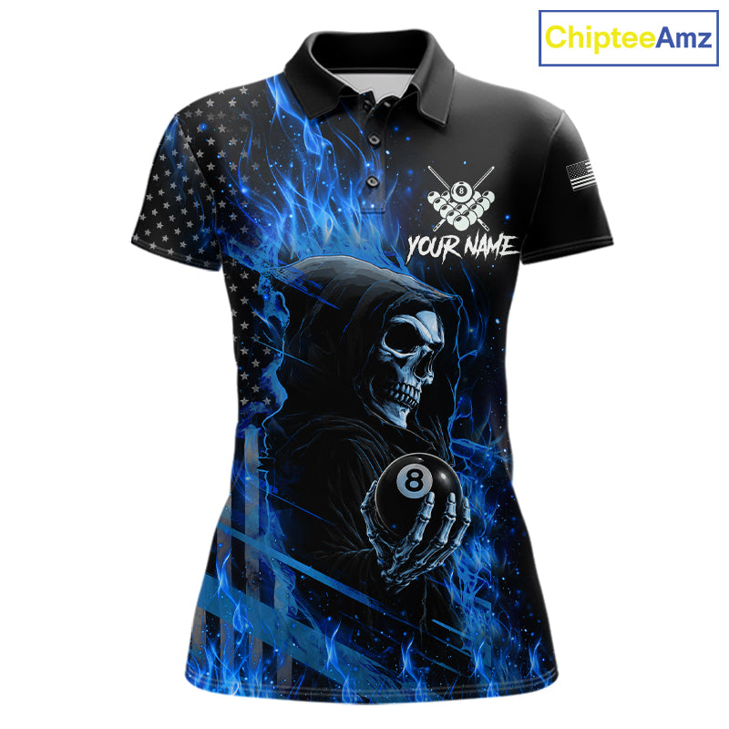 Blue Flaming Grim Reaper US Flag 8 Ball Billiard Polo Shirt Featuring a Patriotic Custom Design for Women's Pool League Players and Tournament Competition