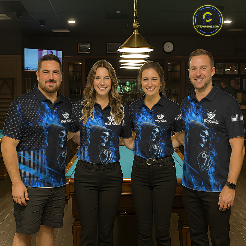 Pool Team Wearing Blue Flaming Grim Reaper US Flag 8 Ball Custom Billiard Jerseys for League Matches and Team Events, Front View