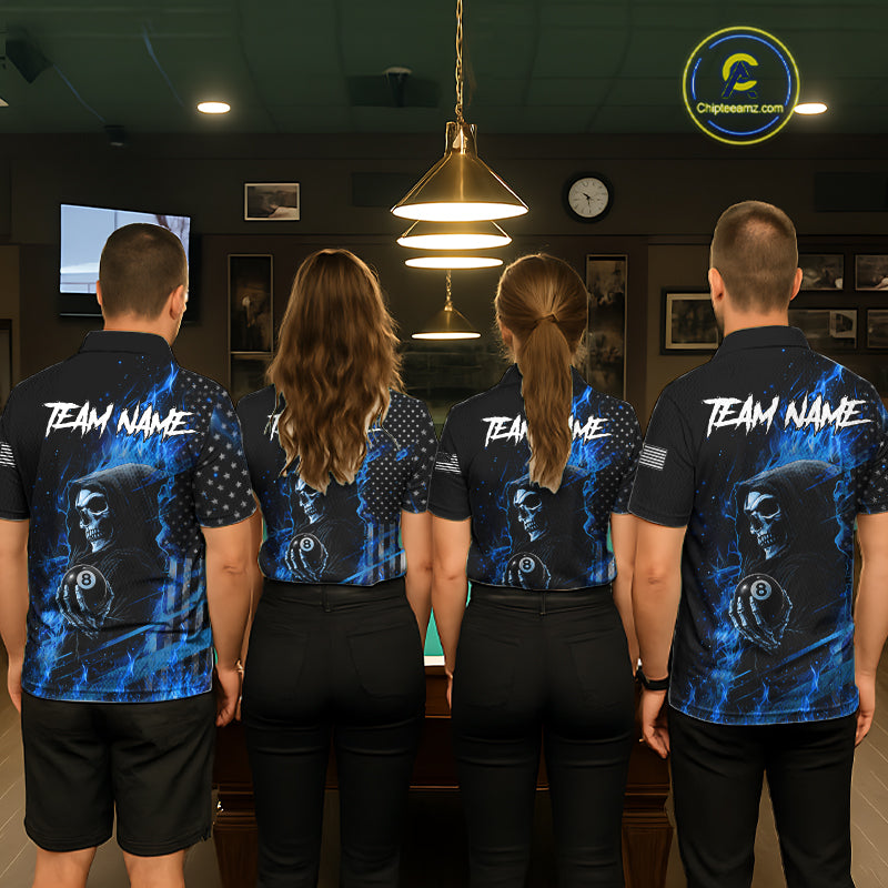 Pool Team Wearing Blue Flaming Grim Reaper US Flag 8 Ball Personalized League Billiard Jerseys Displaying the Back Artwork, Back View