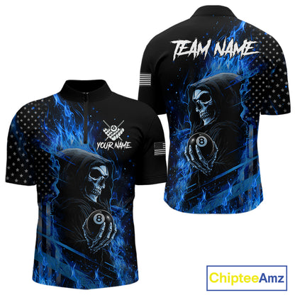 Blue Flaming Grim Reaper US Flag 8 Ball Quarter Zip Billiard Shirt with Patriotic Artwork for Custom Pool League Team Apparel