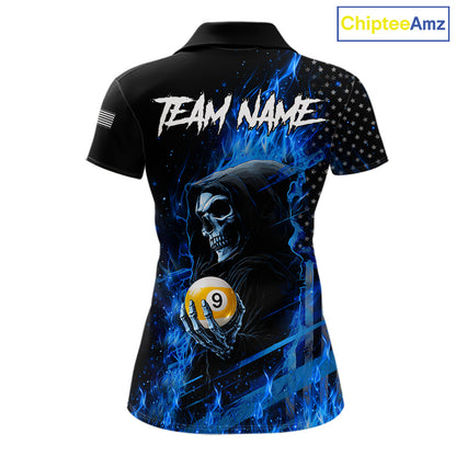Custom Blue Flame Grim Reaper US Flag 8 Ball and 9 Ball Pool Polo Shirt Designed for Personalized Women's Billiard Team Jerseys and Tournament Events