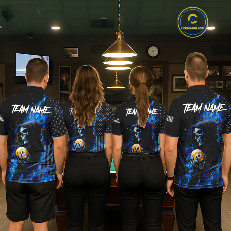 Pool Team Wearing Blue Flame 8 Ball and 9 Ball Grim Reaper US Flag Personalized Billiard Team Jerseys Showing the Full Back Design, Back View